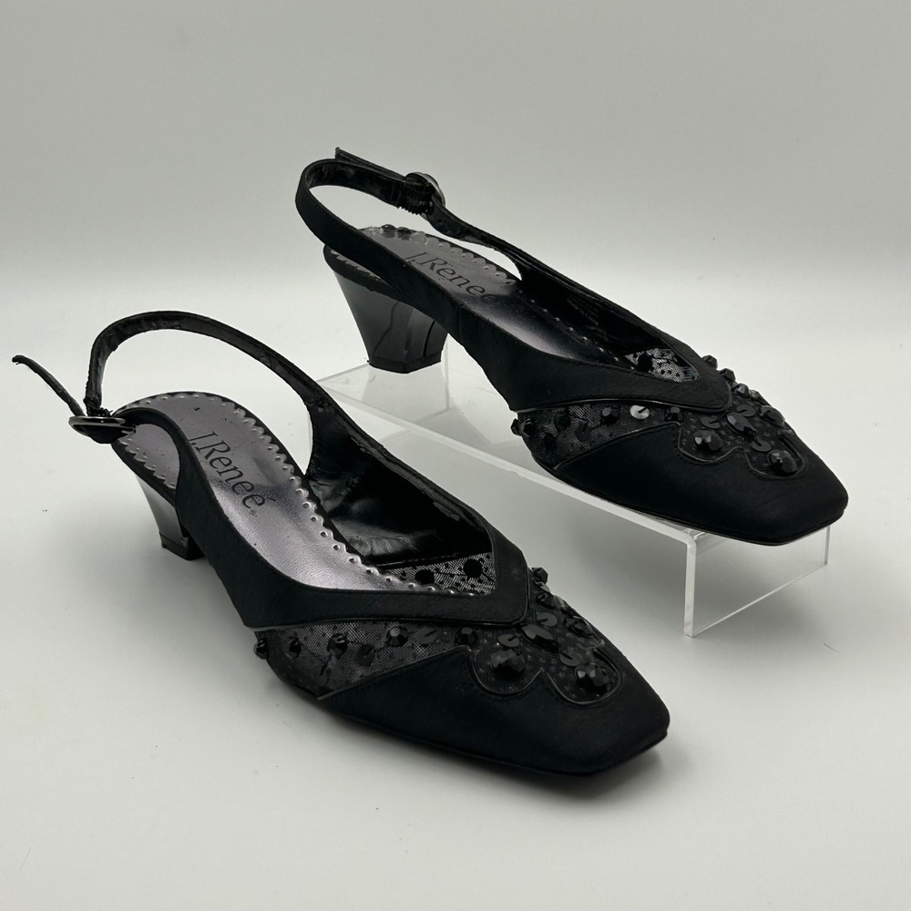 J. Renee Verona Heels Women 7.5 Black Beaded Sequin Slingback Square Toe Evening